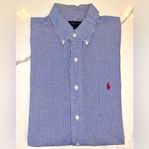 Ralph Lauren Blue and White Button Down Short Sleeve Shirt, Large